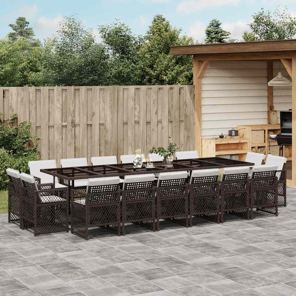 17 Piece Garden Dining Set with Cushions Brown Poly Rattan