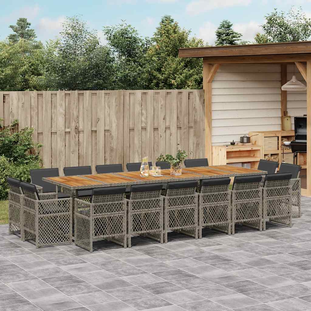 17 Piece Garden Dining Set with Cushions Grey Poly Rattan