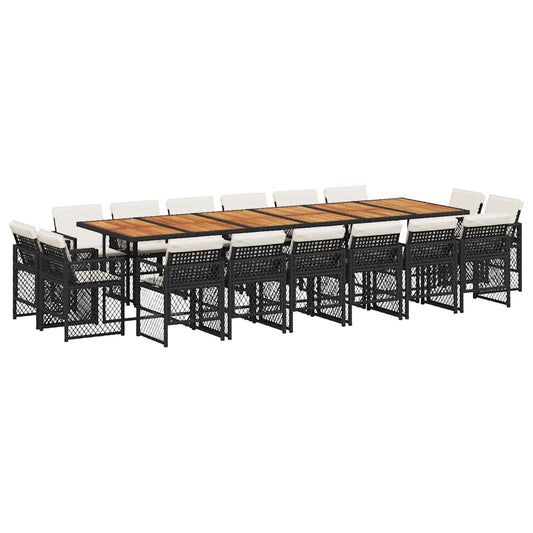 17 Piece Garden Dining Set with Cushions Black Poly Rattan