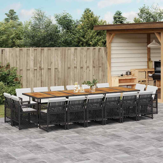 17 Piece Garden Dining Set with Cushions Black Poly Rattan