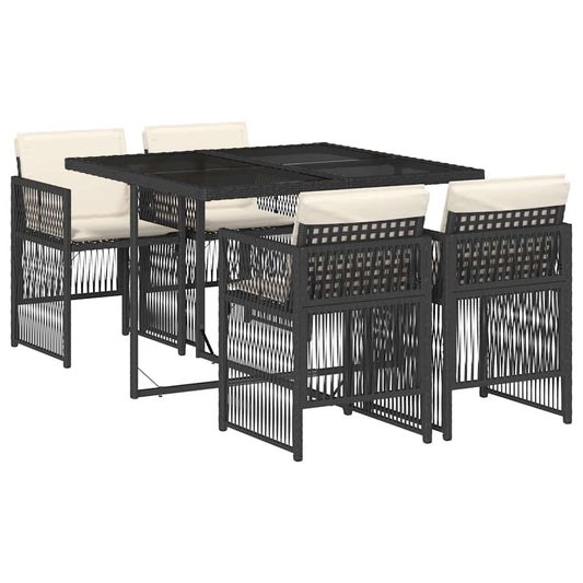 5 Piece Garden Dining Set with Cushions Black Poly Rattan