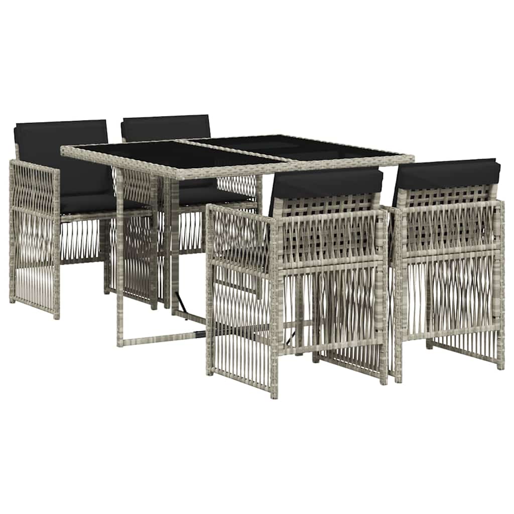 5 Piece Garden Dining Set with Cushions Light Grey Poly Rattan