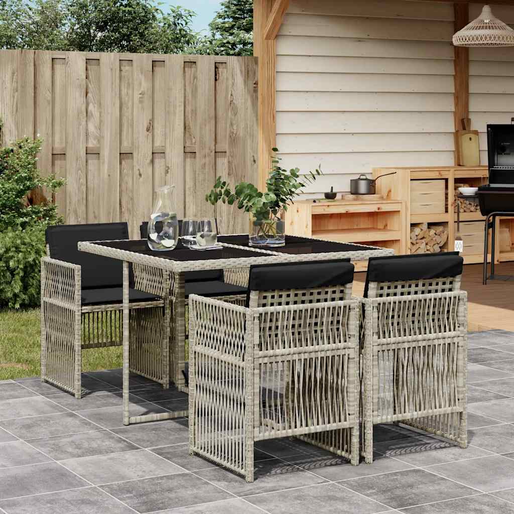 5 Piece Garden Dining Set with Cushions Light Grey Poly Rattan