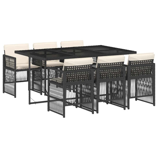 7 Piece Garden Dining Set with Cushions Black Poly Rattan