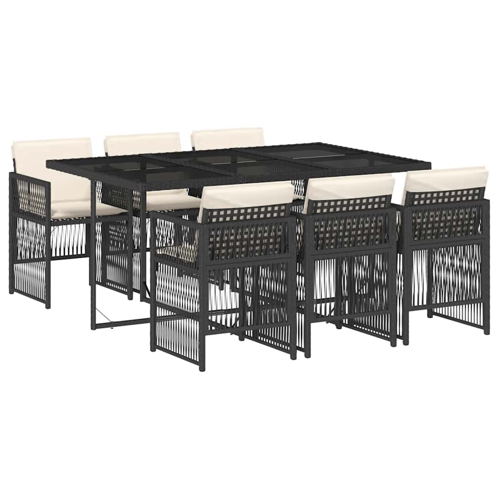 7 Piece Garden Dining Set with Cushions Black Poly Rattan