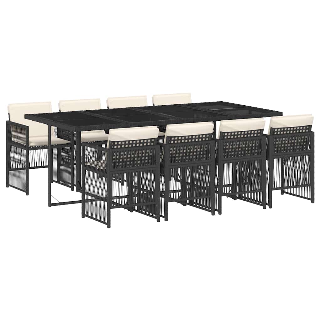 9 Piece Garden Dining Set with Cushions Black Poly Rattan