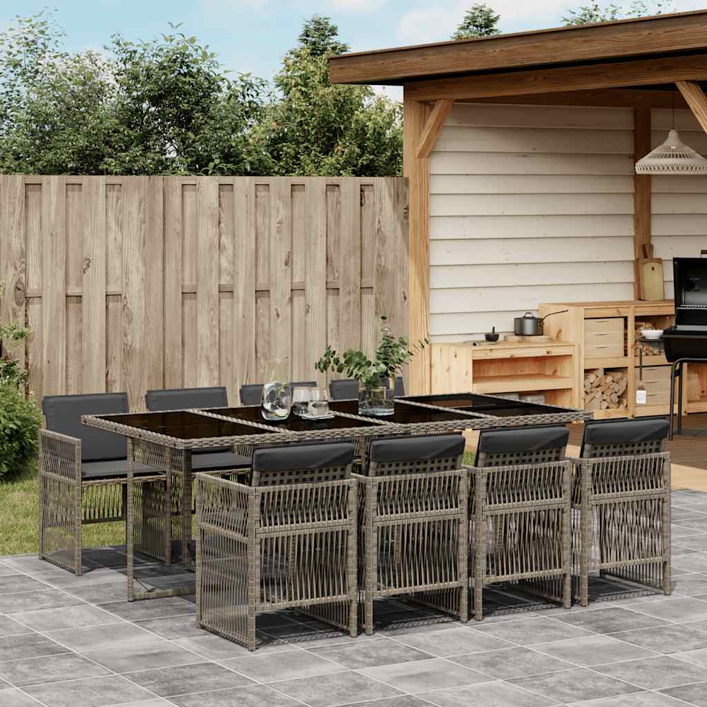 9 Piece Garden Dining Set with Cushions Grey Poly Rattan