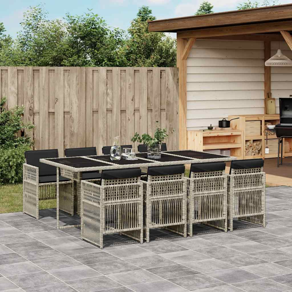 9 Piece Garden Dining Set with Cushions Light Grey Poly Rattan