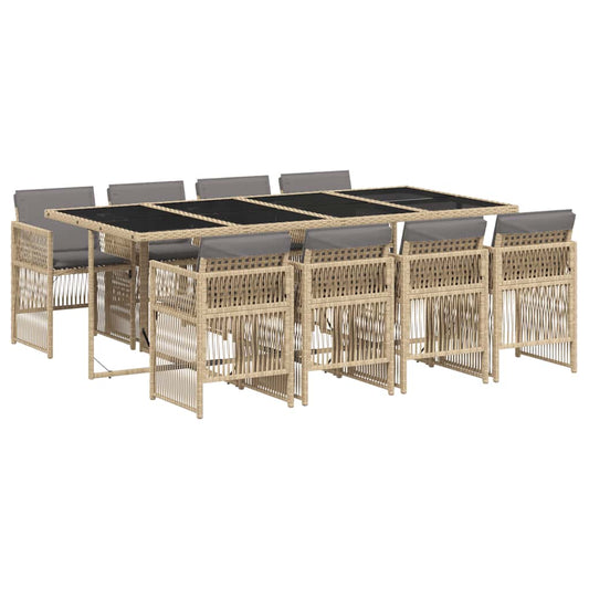 9 Piece Garden Dining Set with Cushions Mix Beige Poly Rattan