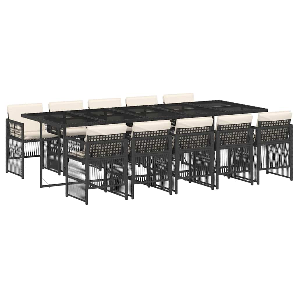 11 Piece Garden Dining Set with Cushions Black Poly Rattan