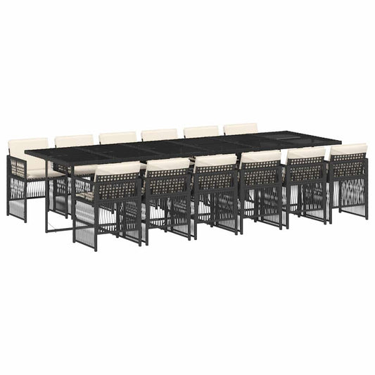 13 Piece Garden Dining Set with Cushions Black Poly Rattan