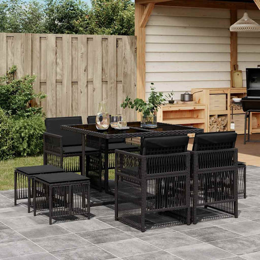 9 Piece Garden Dining Set with Cushions Black Poly Rattan