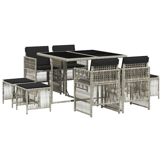 9 Piece Garden Dining Set with Cushions Light Grey Poly Rattan