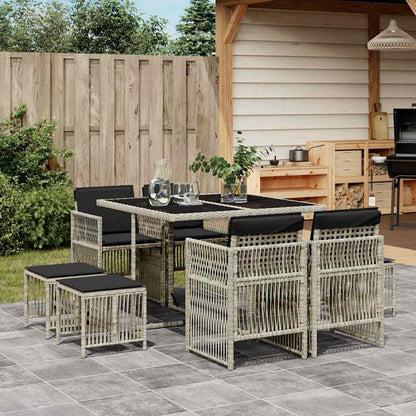 9 Piece Garden Dining Set with Cushions Light Grey Poly Rattan
