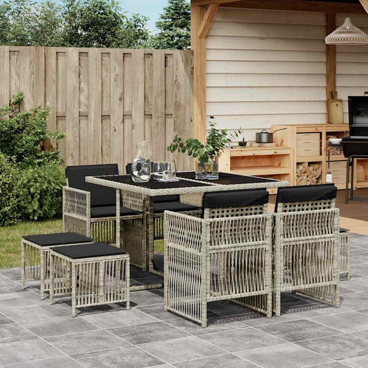 9 Piece Garden Dining Set with Cushions Light Grey Poly Rattan