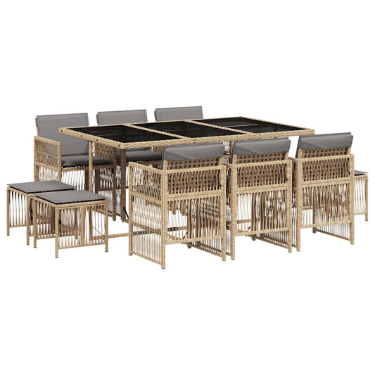 11 Piece Garden Dining Set with Cushions Mix Beige Poly Rattan