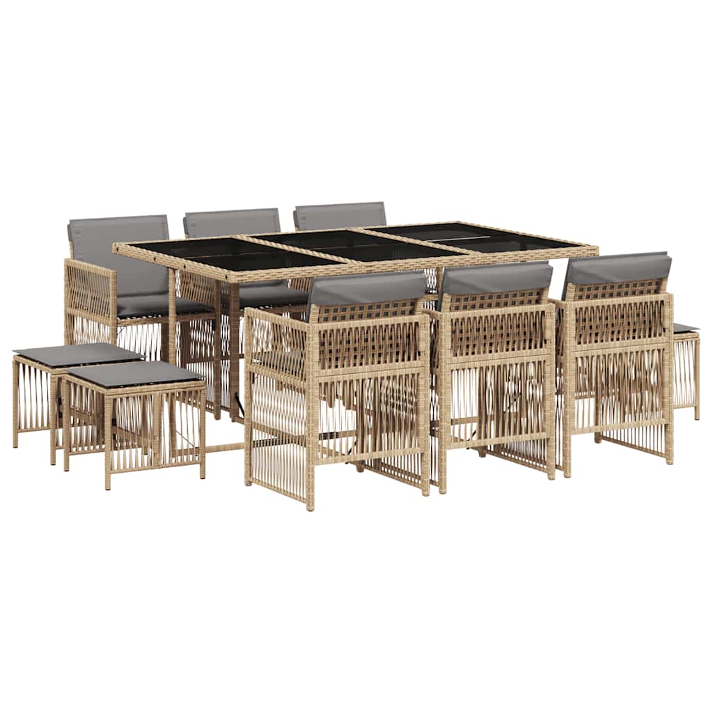11 Piece Garden Dining Set with Cushions Mix Beige Poly Rattan