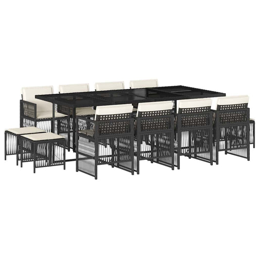 13 Piece Garden Dining Set with Cushions Black Poly Rattan