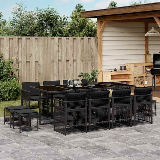 13 Piece Garden Dining Set with Cushions Black Poly Rattan