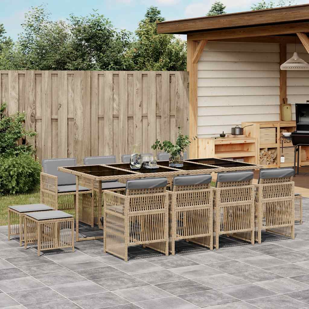 13 Piece Garden Dining Set with Cushions Mix Beige Poly Rattan