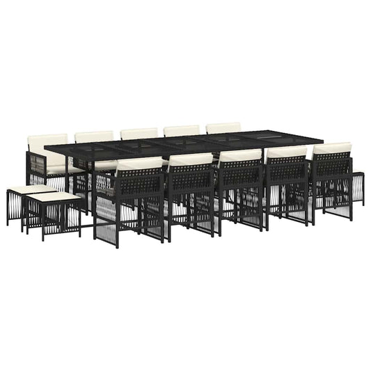 15 Piece Garden Dining Set with Cushions Black Poly Rattan