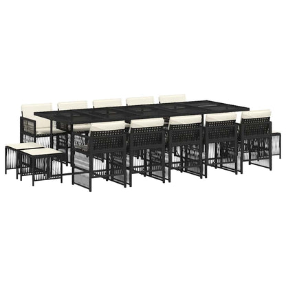 15 Piece Garden Dining Set with Cushions Black Poly Rattan