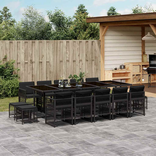 15 Piece Garden Dining Set with Cushions Black Poly Rattan