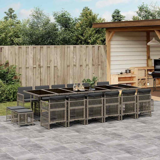 17 Piece Garden Dining Set with Cushions Grey Poly Rattan