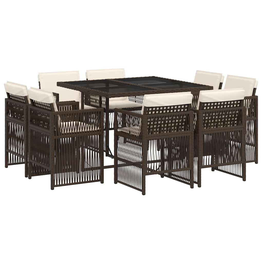 9 Piece Garden Dining Set with Cushions Brown Poly Rattan