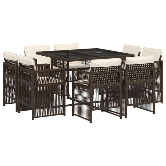 9 Piece Garden Dining Set with Cushions Brown Poly Rattan