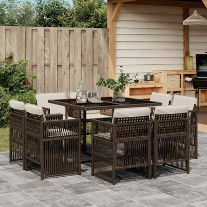 9 Piece Garden Dining Set with Cushions Brown Poly Rattan