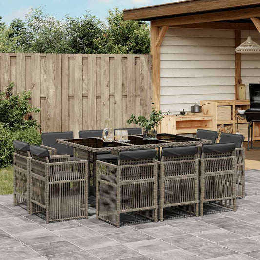 11 Piece Garden Dining Set with Cushions Grey Poly Rattan