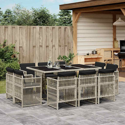 11 Piece Garden Dining Set with Cushions Light Grey Poly Rattan