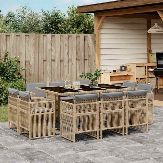 11 Piece Garden Dining Set with Cushions Mix Beige Poly Rattan