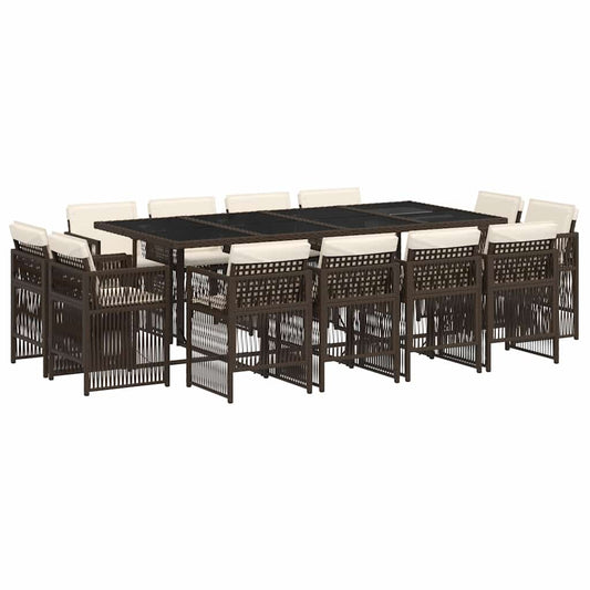 13 Piece Garden Dining Set with Cushions Brown Poly Rattan