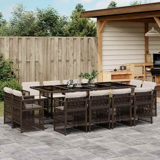 13 Piece Garden Dining Set with Cushions Brown Poly Rattan