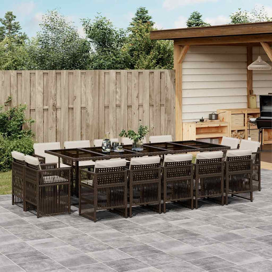 15 Piece Garden Dining Set with Cushions Brown Poly Rattan