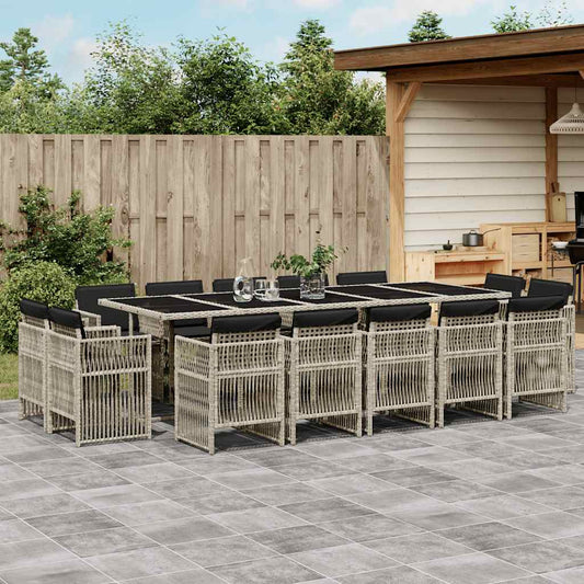 15 Piece Garden Dining Set with Cushions Light Grey Poly Rattan