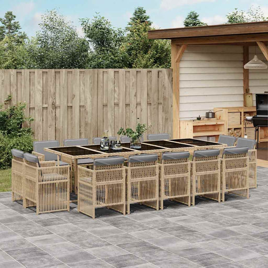 15 Piece Garden Dining Set with Cushions Mix Beige Poly Rattan