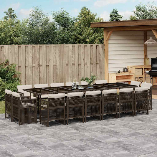 17 Piece Garden Dining Set with Cushions Brown Poly Rattan