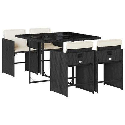 5 Piece Garden Dining Set with Cushions Black Poly Rattan