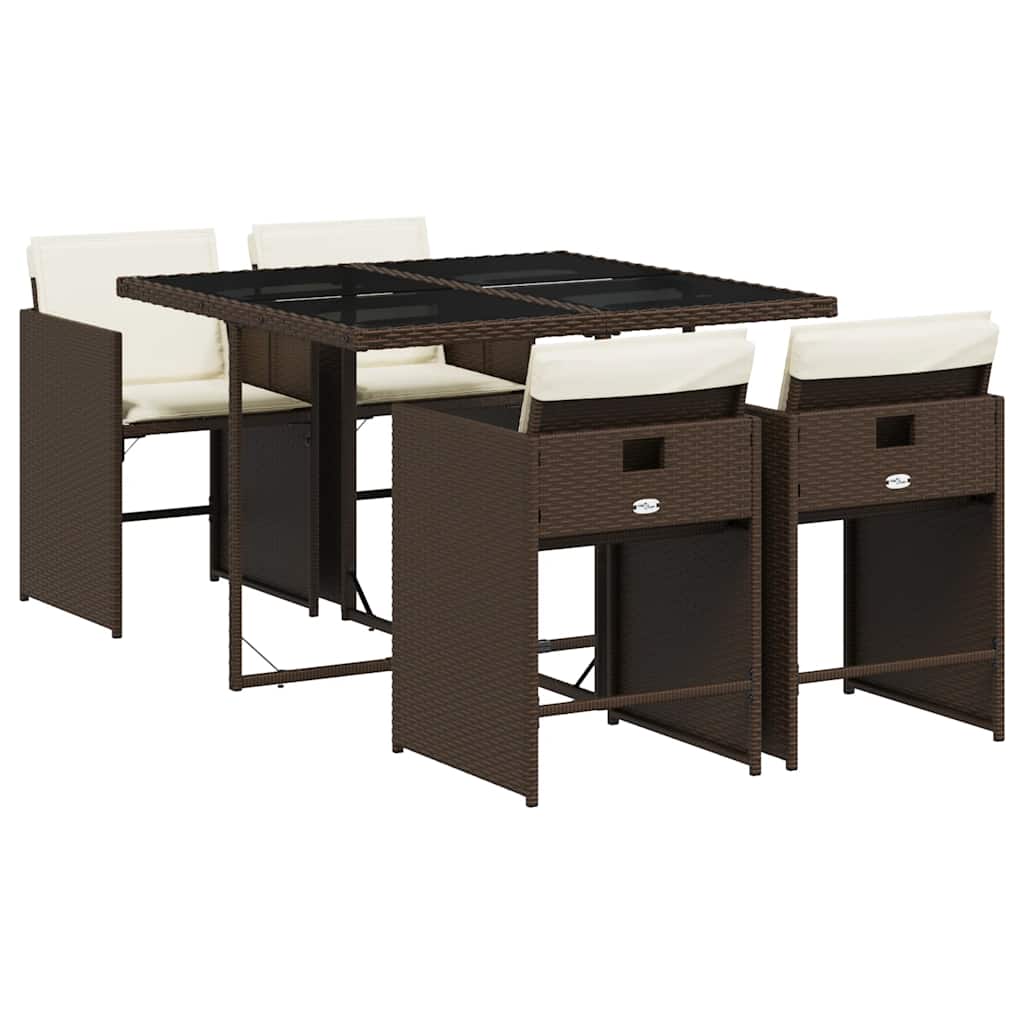 5 Piece Garden Dining Set with Cushions Brown Poly Rattan