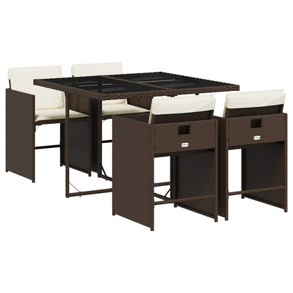 5 Piece Garden Dining Set with Cushions Brown Poly Rattan