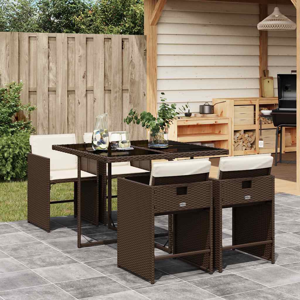 5 Piece Garden Dining Set with Cushions Brown Poly Rattan