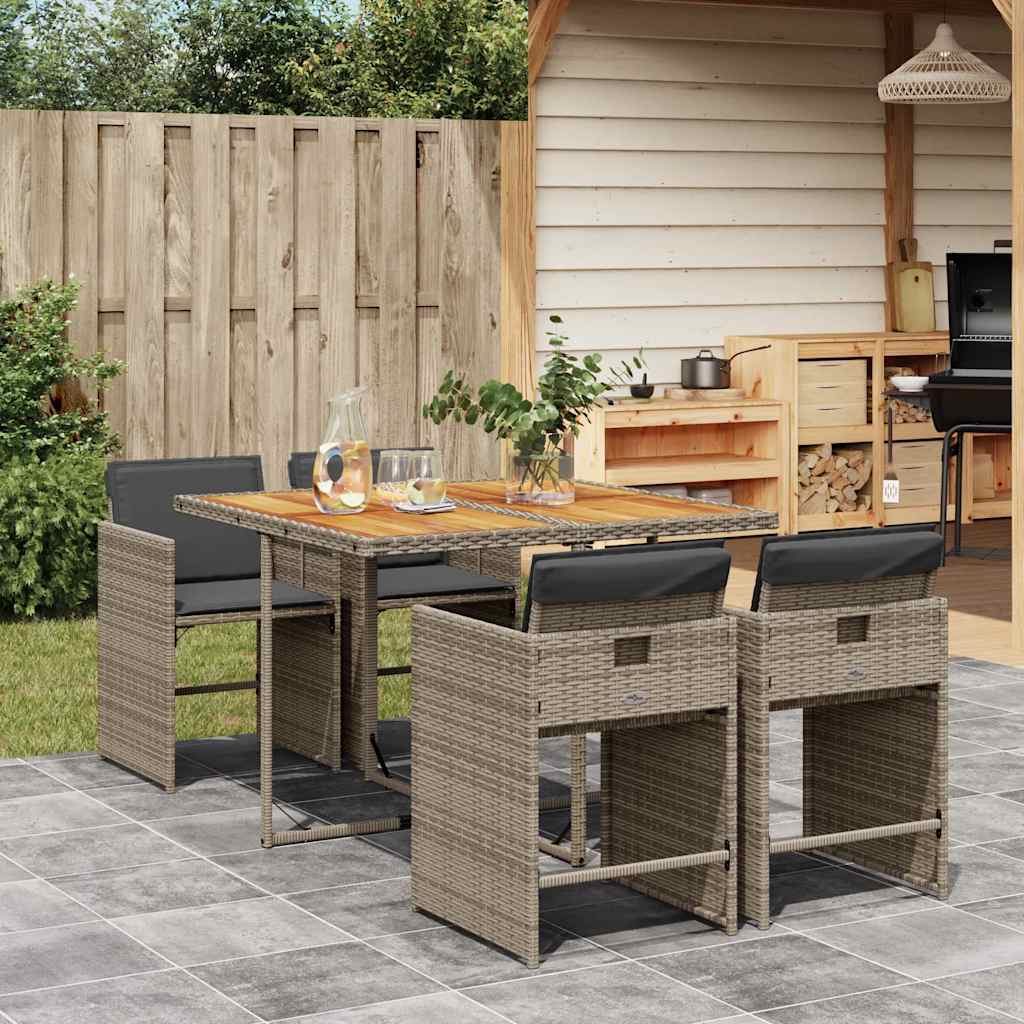 5 Piece Garden Dining Set with Cushions Grey Poly Rattan