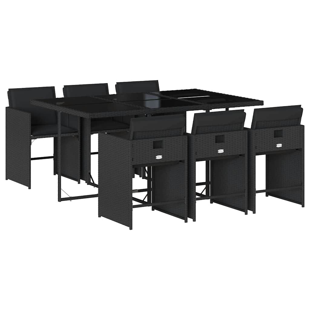 7 Piece Garden Dining Set with Cushions Black Poly Rattan