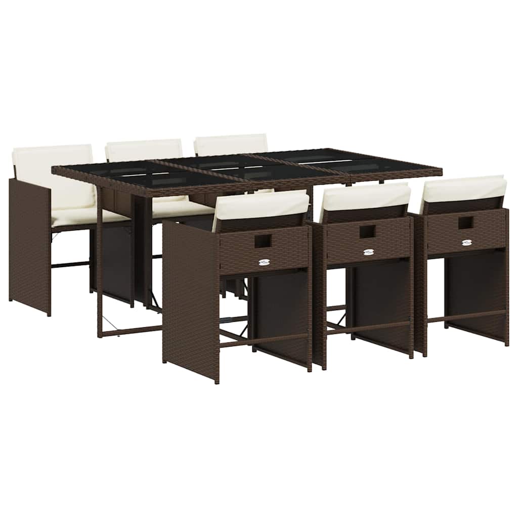7 Piece Garden Dining Set with Cushions Brown Poly Rattan