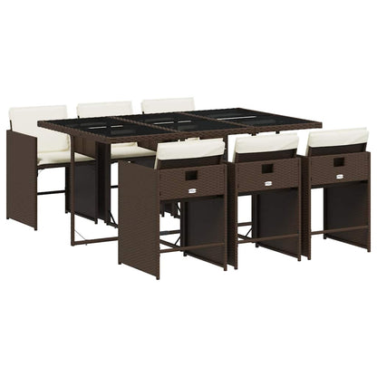 7 Piece Garden Dining Set with Cushions Brown Poly Rattan