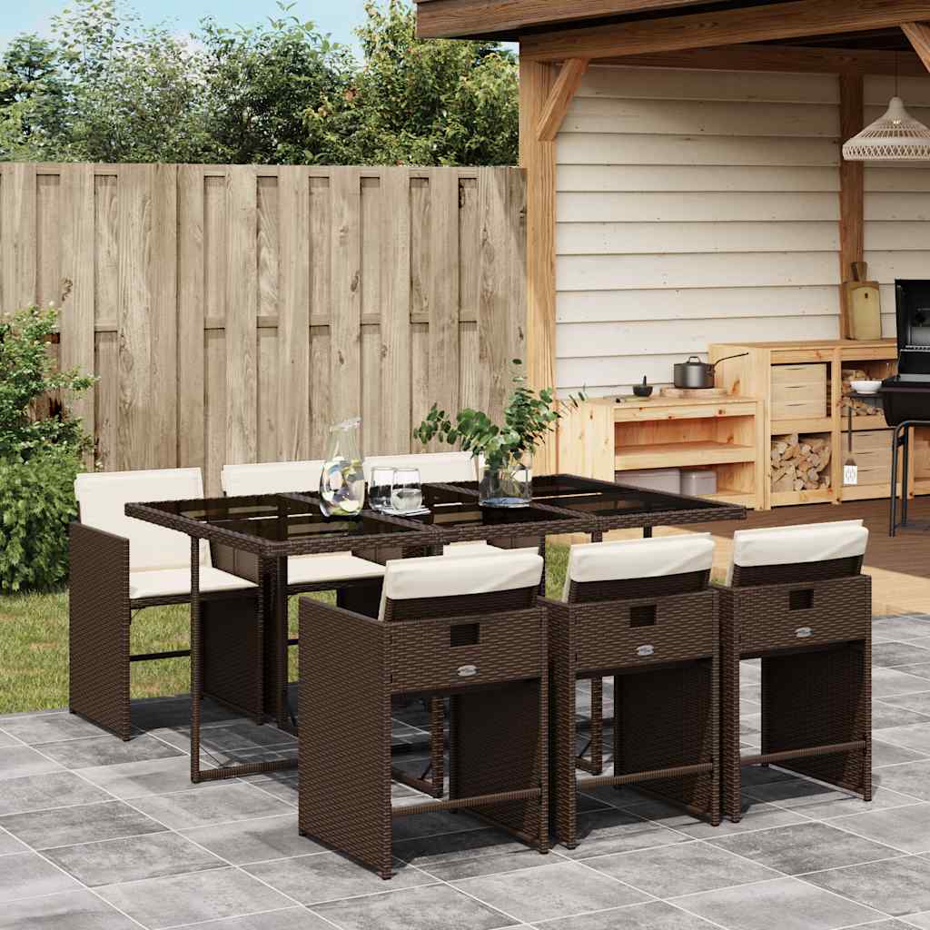 7 Piece Garden Dining Set with Cushions Brown Poly Rattan