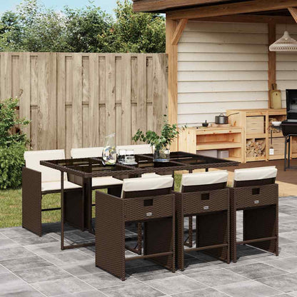 7 Piece Garden Dining Set with Cushions Brown Poly Rattan